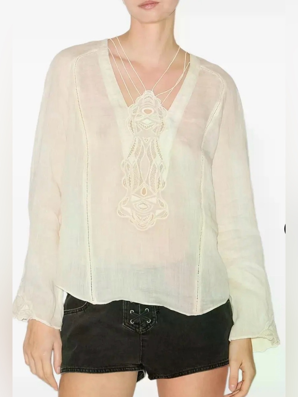 Isabel Marant Sheer Lace-Front V-Neck Cream Blouse